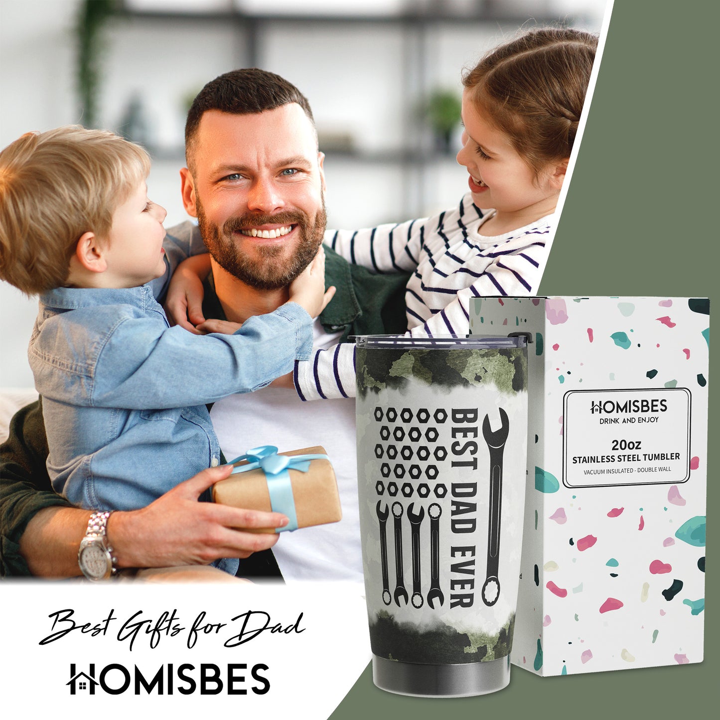 Gifts For Dad - Best Dad Ever Gifts - Dad Gifts From Daughter Son - Fathers Day Presents From Daughter Son Wife - Birthday Christmas Gifts For Dad - Stainless Steel Tumbler with Lid and Straws 20oz
