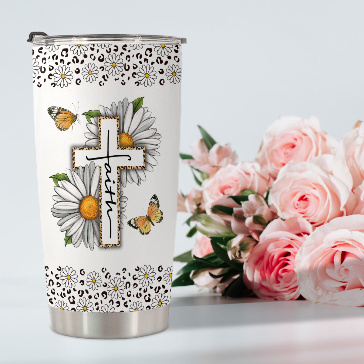 HOMISBES Christian Gifts for Women - With God All Things Are Possible Travel Mug Cup - Daisy Leopard Faith Jesus God Bible Verse Religious Gifts For Mom Grandma Friends - Stainless Steel Tumbler 20oz…