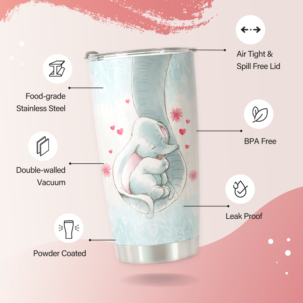 Mom Tumbler with Straws - Gifts for Mom from Daughter - Birthday Gifts for Mom, Mom Christmas Gifts from Daughter, Mom Birthday Gifts - Mothers Day Gifts Elephant Stainless Steel Tumbler 20oz