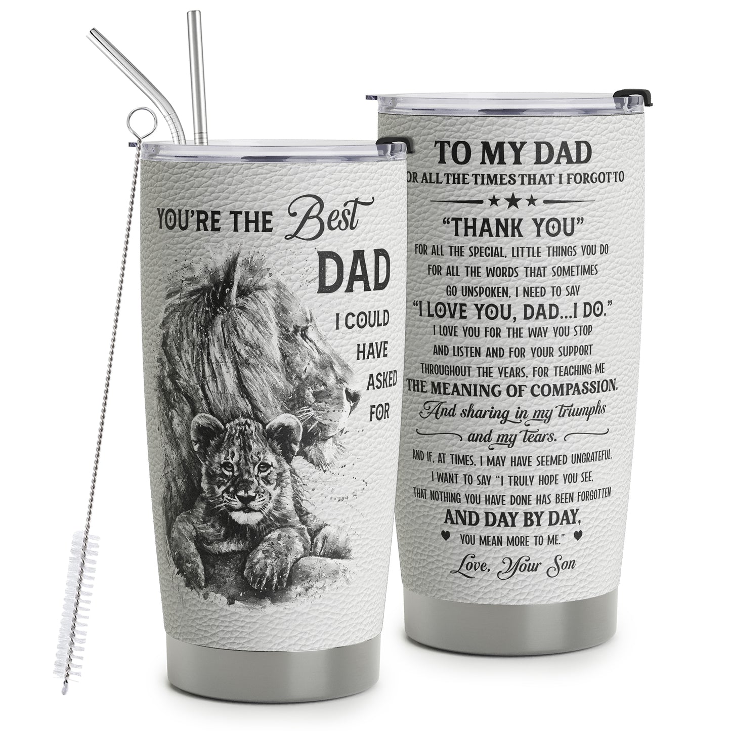 Gifts For Dad - Best Dad Ever Gifts - Dad Gifts From Son - Fathers Day Presents From Son - Birthday Christmas Gifts For Dad - Lion Father and Son Stainless Steel Tumbler with Lid and Straws 20oz