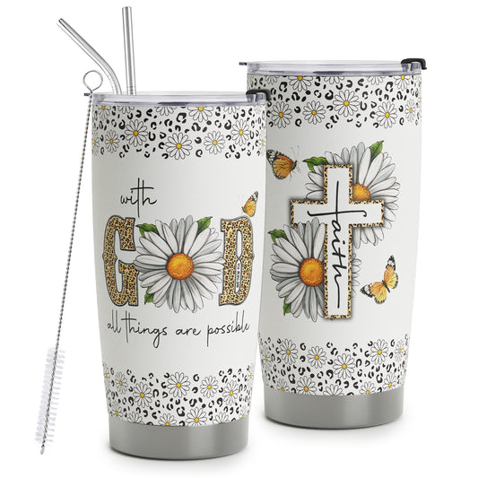 HOMISBES Christian Gifts for Women - With God All Things Are Possible Travel Mug Cup - Daisy Leopard Faith Jesus God Bible Verse Religious Gifts For Mom Grandma Friends - Stainless Steel Tumbler 20oz…