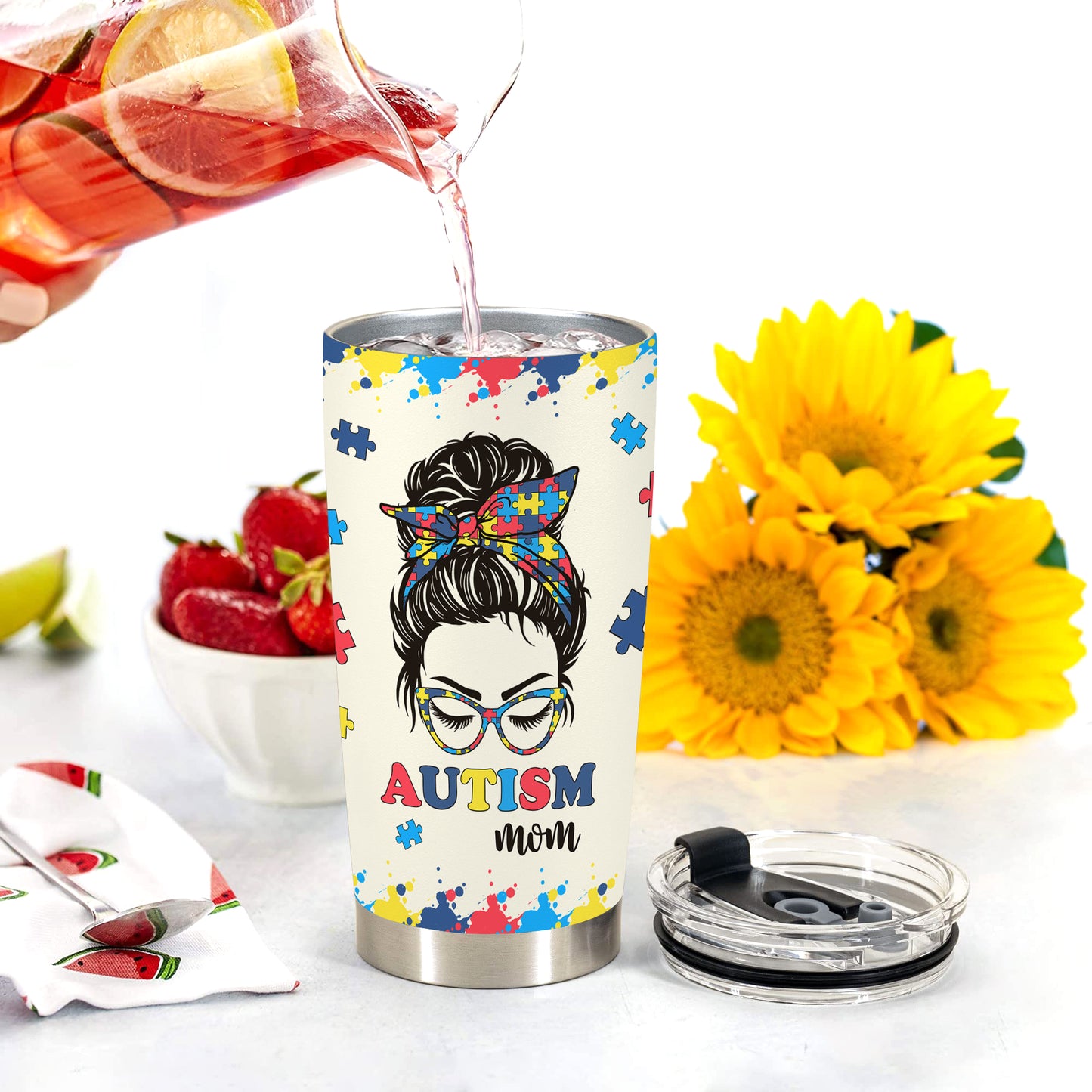 HOMISBES Autism Mom Gifts - Autism Awareness Travel Mug with Straw for Mom - Warrior Mom Autism Stainless Steel Cups 20oz