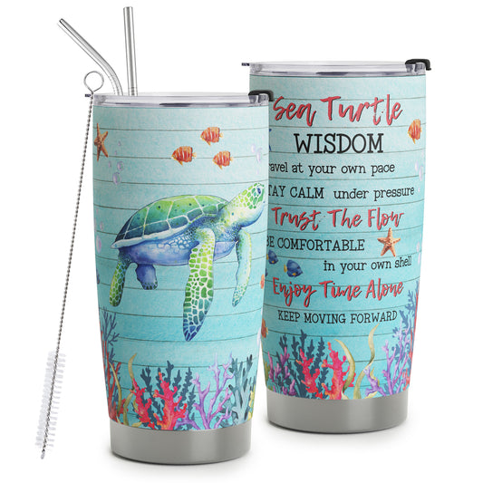 HOMISBES Sea Turtle Gifts for Women - Stainless Steel Sea Turtle Wisdom Tumbler Cup 20oz for Turtle Lover - Ocean Beach Themed Gifts For Women Novelty Turtle Mug With Lid Animal Lover Gift