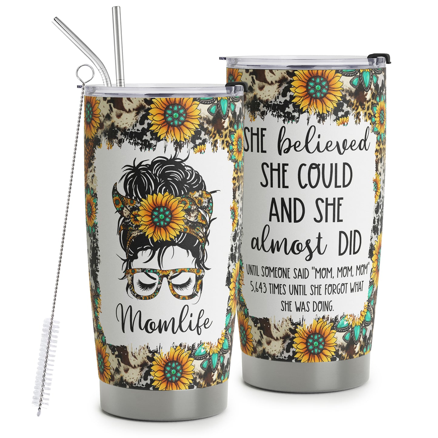 HOMISBES Mom Life Gifts for Women - Stainless Steel Mom Tumbler Cup 20oz - Leopard Sunflower Travel Mug - Funny Birthday Gifts for Mom Women Wife & Mothers Day Gift For Mom From Daughter Son Husband