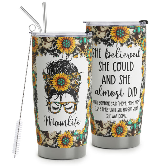 HOMISBES Mom Life Gifts for Women - Stainless Steel Mom Tumbler Cup 20oz - Leopard Sunflower Travel Mug - Funny Birthday Gifts for Mom Women Wife & Mothers Day Gift For Mom From Daughter Son Husband