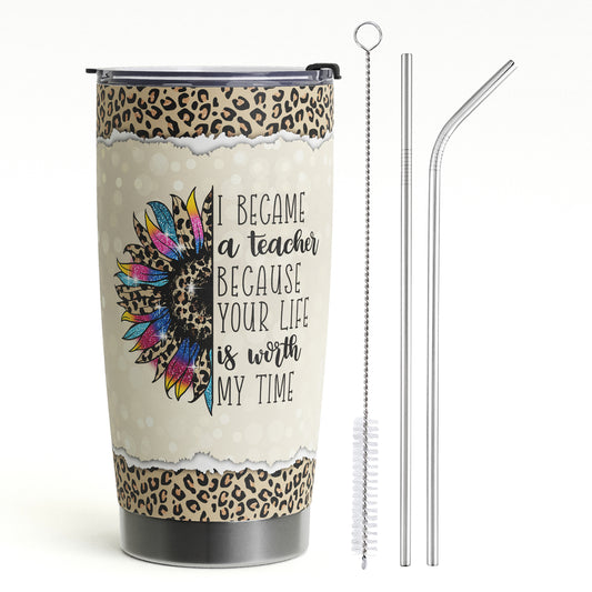 Teacher Appreciation Gifts - Best Teacher Gifts for Women - Thank You Gifts Back to School - Christmas Gifts for Teacher - Leopard Teacher Coffee Mug Stainless Steel Tumbler with Lid And Straws 20oz