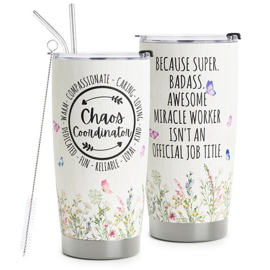 HOMISBES Chaos Coordinator gifts - Chaos Coordinator Travel Mug with Straw for Mom Coworker Boss Manager Employee - Stainless Steel Tumbler Cup 20oz…