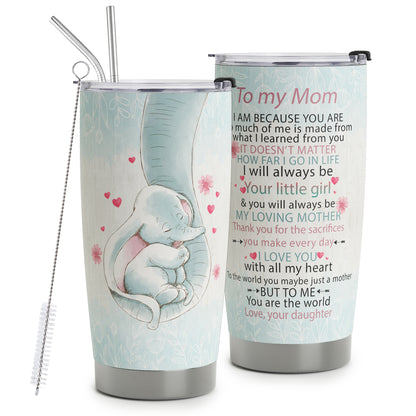 Mom Tumbler with Straws - Gifts for Mom from Daughter - Birthday Gifts for Mom, Mom Christmas Gifts from Daughter, Mom Birthday Gifts - Mothers Day Gifts Elephant Stainless Steel Tumbler 20oz