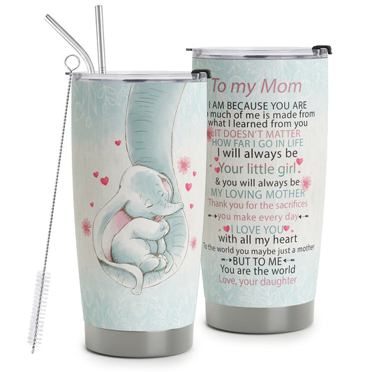 Mom Tumbler with Straws - Gifts for Mom from Daughter - Birthday Gifts for Mom, Mom Christmas Gifts from Daughter, Mom Birthday Gifts - Mothers Day Gifts Elephant Stainless Steel Tumbler 20oz