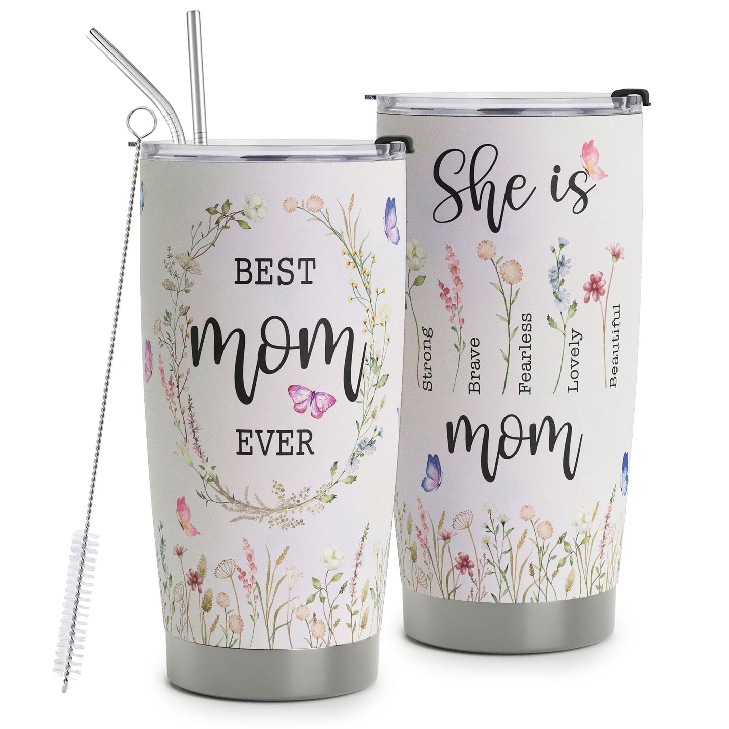 HOMISBES Best Mom Tumbler - She is Strong Vacuum Insulated Stainless Steel Travel Mug with Straw for Mom Birthday Mothers Day - Cute Flora Mom Cups 20oz