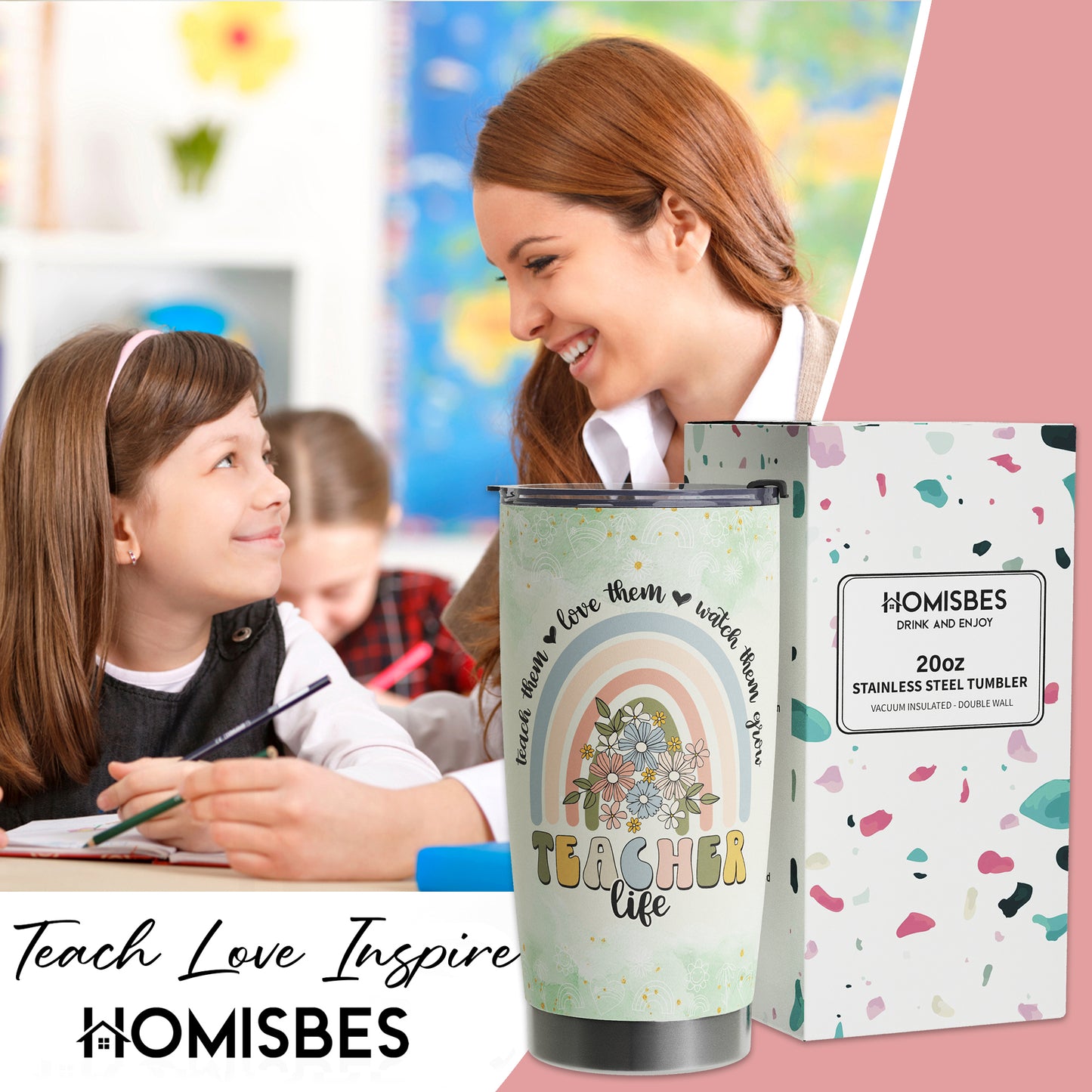 HOMISBES Teacher Appreciation Gifts - Best Teacher Gifts for Women - Thank You Gifts Back to School - Christmas Gifts for Teacher - Teacher Coffee Mug Stainless Steel Tumbler with Lid And Straws 20oz