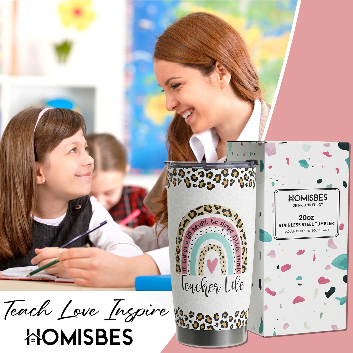 HOMISBES Teacher Appreciation Gifts - Best Teacher Gifts for Women - Thank You Gifts Back to School - Christmas Gifts for Teacher - Teacher Coffee Mug Stainless Steel Tumbler with Lid And Straws 20oz