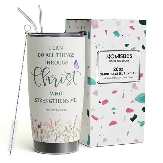 HOMISBES Christian Gifts for Women - I Can Do All Things Through Christ Coffee Travel Mug - Catholic Faith Jesus God Bible Verse Religious Gifts Stainless Steel Tumbler 20oz