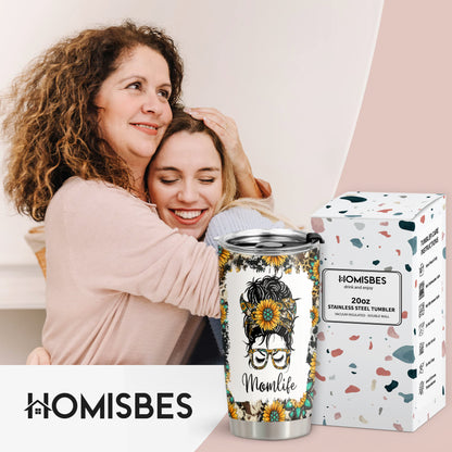 HOMISBES Mom Life Gifts for Women - Stainless Steel Mom Tumbler Cup 20oz - Leopard Sunflower Travel Mug - Funny Birthday Gifts for Mom Women Wife & Mothers Day Gift For Mom From Daughter Son Husband
