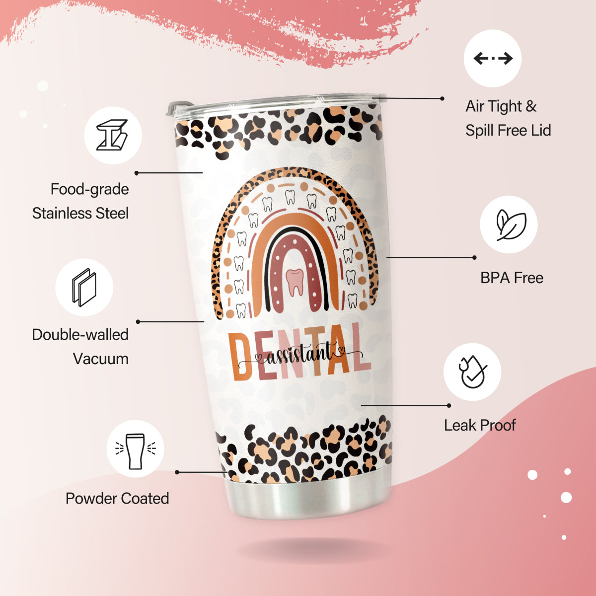 HOMISBES Dental Assistant Gifts for Women - Stainless Steel Leopard Nutrition Facts Tumbler Cup 20oz for Dental Assistant - Dental Assistant Appreciation Travel Mug