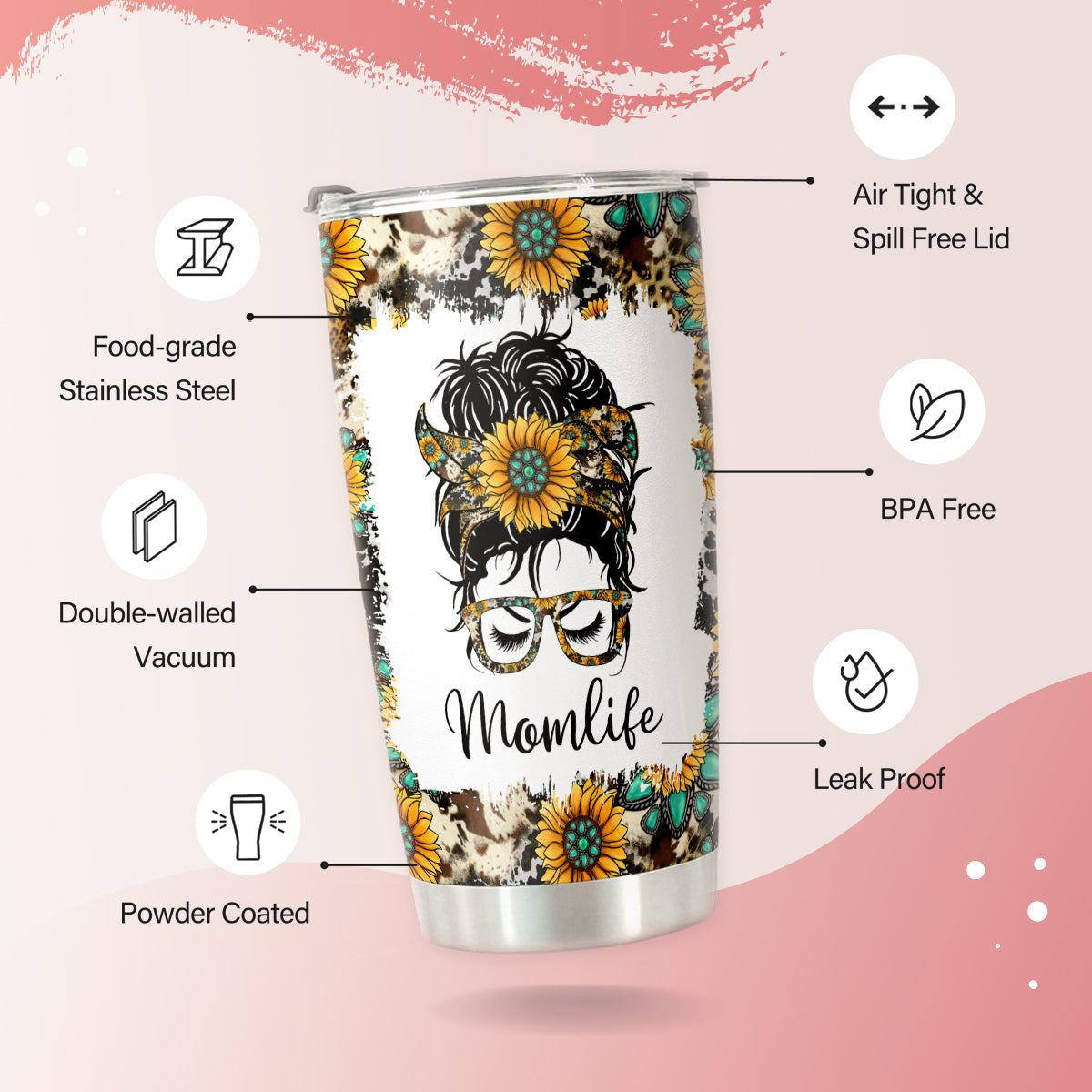 HOMISBES Mom Life Gifts for Women - Stainless Steel Mom Tumbler Cup 20oz - Leopard Sunflower Travel Mug - Funny Birthday Gifts for Mom Women Wife & Mothers Day Gift For Mom From Daughter Son Husband