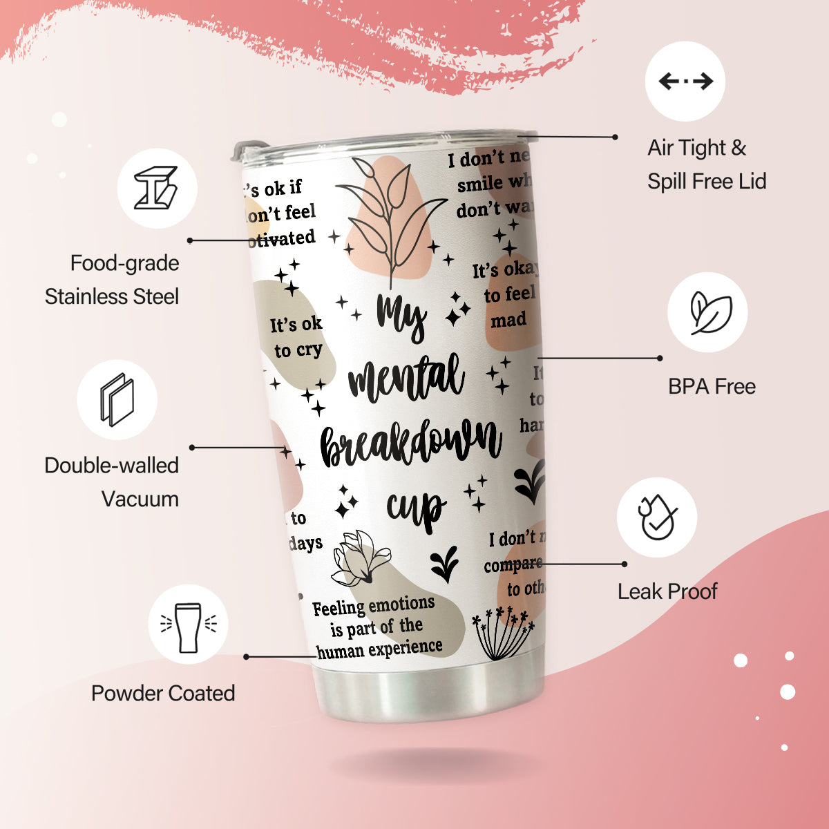HOMISBES Mental Health Gifts - Mental Health Awareness Tumbler - Positive Thinking Daily Affirmation - Positive Quotes Mental Health Matters - My Mental Breakdown Cup Stainless Steel Tumbler 20oz