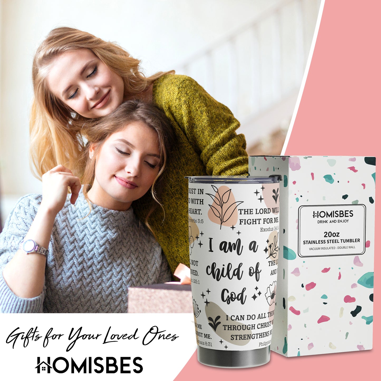 HOMISBES Christian Gifts for Women - Stainless Steel I Am a Child of God Tumbler Cup 20oz - Christian Faith Jesus God Bible Verse Religious Gifts