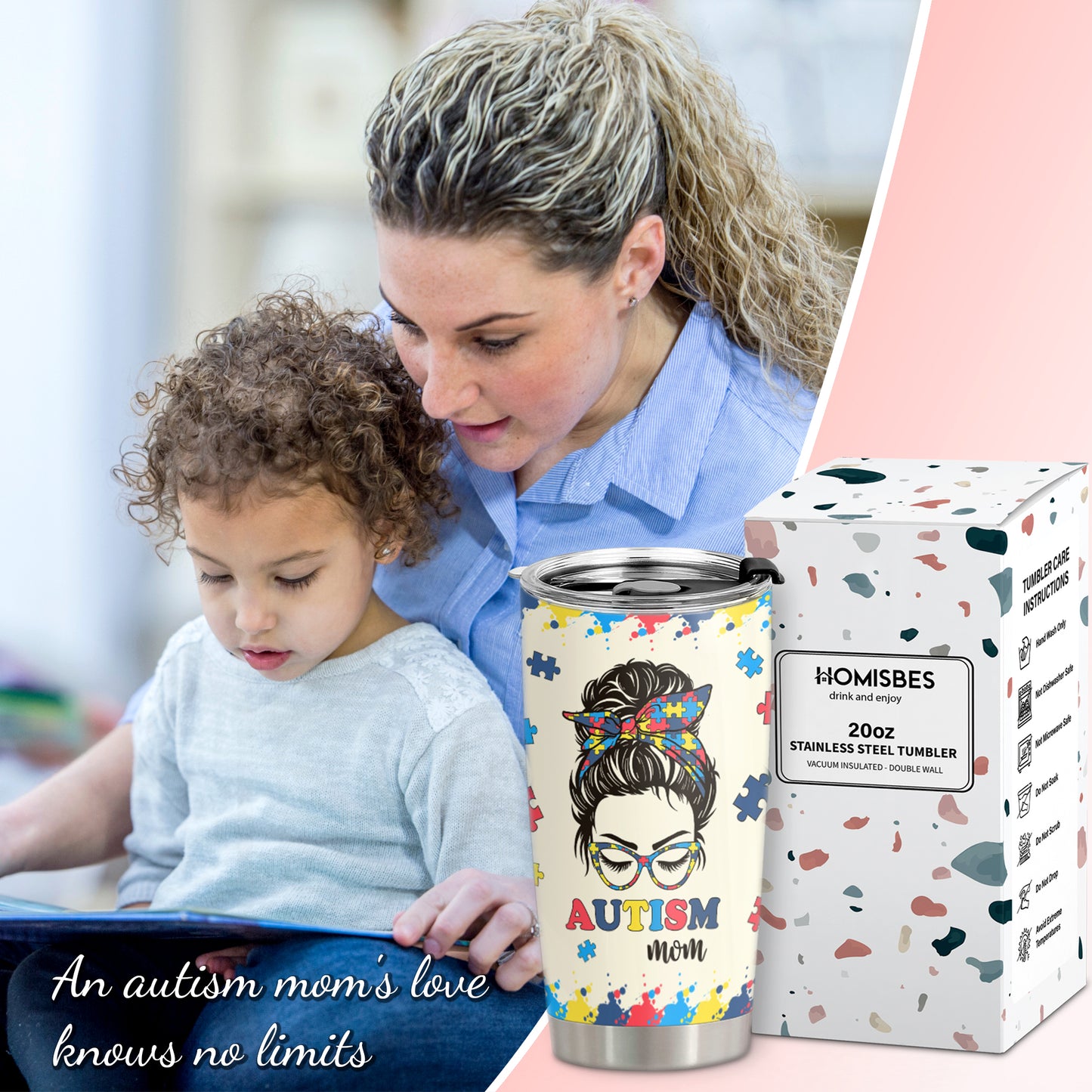 HOMISBES Autism Mom Gifts - Autism Awareness Travel Mug with Straw for Mom - Warrior Mom Autism Stainless Steel Cups 20oz