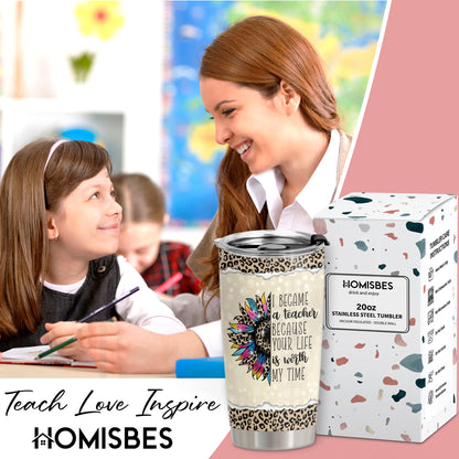 Teacher Appreciation Gifts - Best Teacher Gifts for Women - Thank You Gifts Back to School - Christmas Gifts for Teacher - Leopard Teacher Coffee Mug Stainless Steel Tumbler with Lid And Straws 20oz
