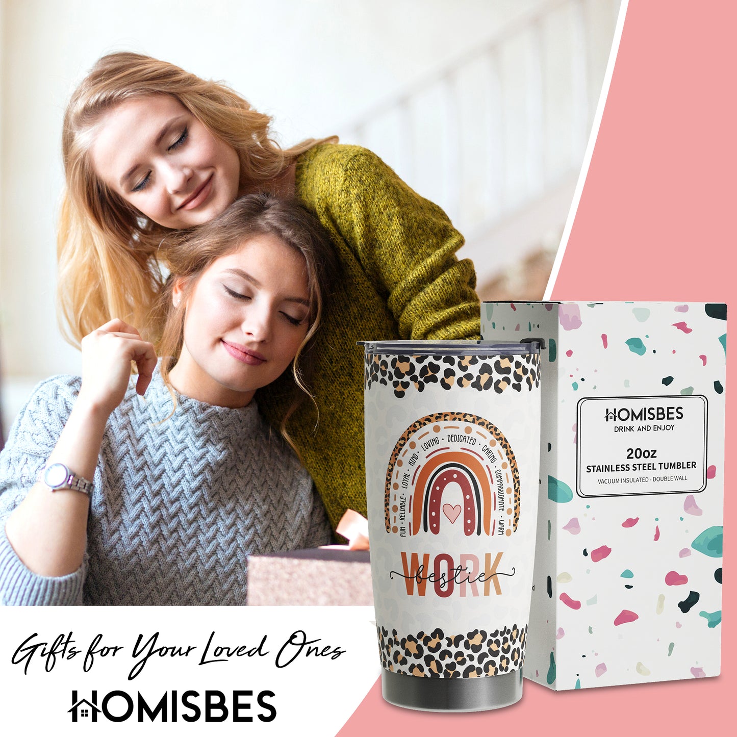 HOMISBES Work Bestie Gifts for Women - Stainless Steel Tumbler Cup 20oz for Work Best Friend - Bestfriend Birthday Gifts - Presents for Work Bestie