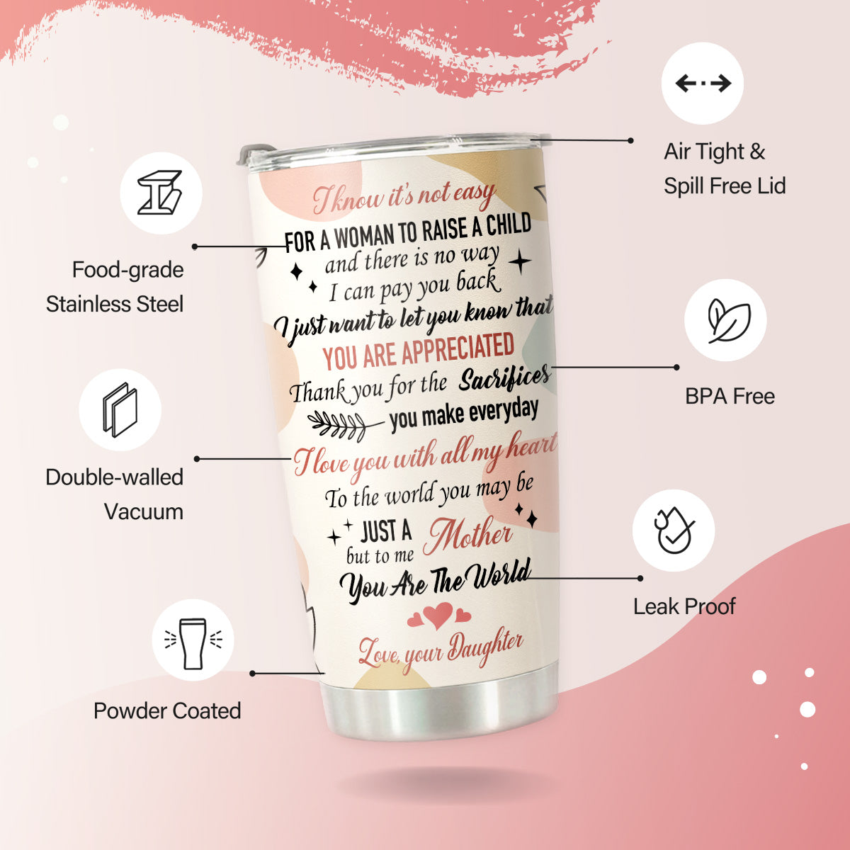 Mom Tumbler with Straws - Gifts for Mom from Daughter - Mom Gifts - Birthday Gifts for Mom, Mom Christmas Gifts from Daughter, Mom Birthday Gifts - World's Best Mom Stainless Steel Tumbler 20oz