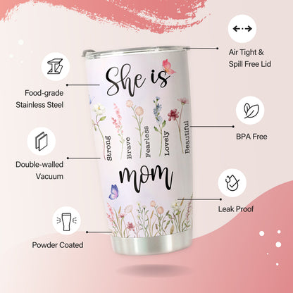 HOMISBES Best Mom Tumbler - She is Strong Vacuum Insulated Stainless Steel Travel Mug with Straw for Mom Birthday Mothers Day - Cute Flora Mom Cups 20oz